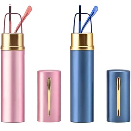 REAVEE 2 Pack Slim Pen Reading Glasses for Men Women, Small Pocket Size Tube Readers Spring Hinge with Portable Clip Case, Pink and Blue 2.5