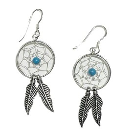Earrings Dream Catcher with Turquoise 925 Sterling Silver Country 16 mm Diameter 2 Feathers Western, Sterling Silver, Turquoise