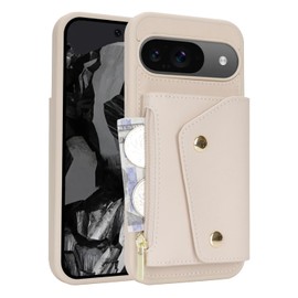 for Pixel 9 / Pixel 9 Pro Case with Cards Holder Zipper Slot Leather Wallet for Pixel9 9Pro Coque étui Portefeuille Porte Feuill Pour Femmes Durable Protective for Women Cover Cream