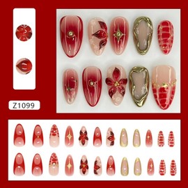 Red Flower Press on Nails Medium Almond Fake Nails with Golden Embossed Design Gradient French False Nail Full Cover Reusable Acrylic Nails Stick on Nail for Women Nail Art DIY 24 Pcs