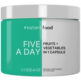 Codeage 5 Servings of Fruits & Veggies Equivalent in 1 Single Capsule - Whole Food Instantfood with 15 Greens & Fruits in All-in-One Pill, Eat Vegetables - Vegan Vitamins Supplement - Non-GMO - 30 ct