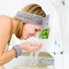 IMAXWAVE Spa-Set für die Gesichtspflege: weiches Kopfband in Schleifenform und saugfähige Handgelenke für Make-up und Schönheitsbehandlungen, ideal für tägliche Routinen und Spa zu Hause, Grau