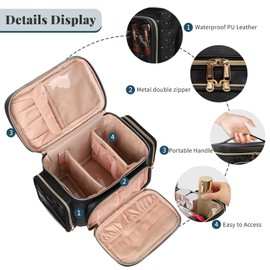 Cosmetic Bag Large Travel Make Up Bag Women's Makeup Bag with Brush Holder Compartment, Portable Makeup Bag Organiser, black, Large cosmetic bag