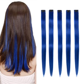 5 Pcs Blue 18 Inch Clip in Hair Extensions 100% Human Hair - Straight Colored Hair Wefts for Women & Girls, Christmas Party Cosplay Highlights