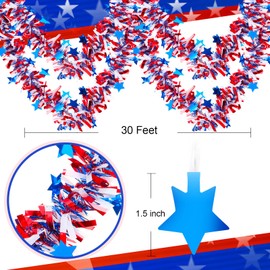 Patriotic Garland for Tree 4th of July Garland Labor Day Decorations Tinsel Twist Garland, Red, White and Blue, 2.5 Inch x 30 ft Party Supplies for Window, Porch, Wall, Ceiling, Door (Red Tassel)