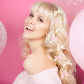 LIQWEI 30Pcs Cute Pink Hair Bows, Small Bow Hair Clips, Mini Ribbon Pinks Clip Girl Hairs Accessories Butterfly Clip, Small Pinks Bow Claw Clips for Hairs for Women Girls