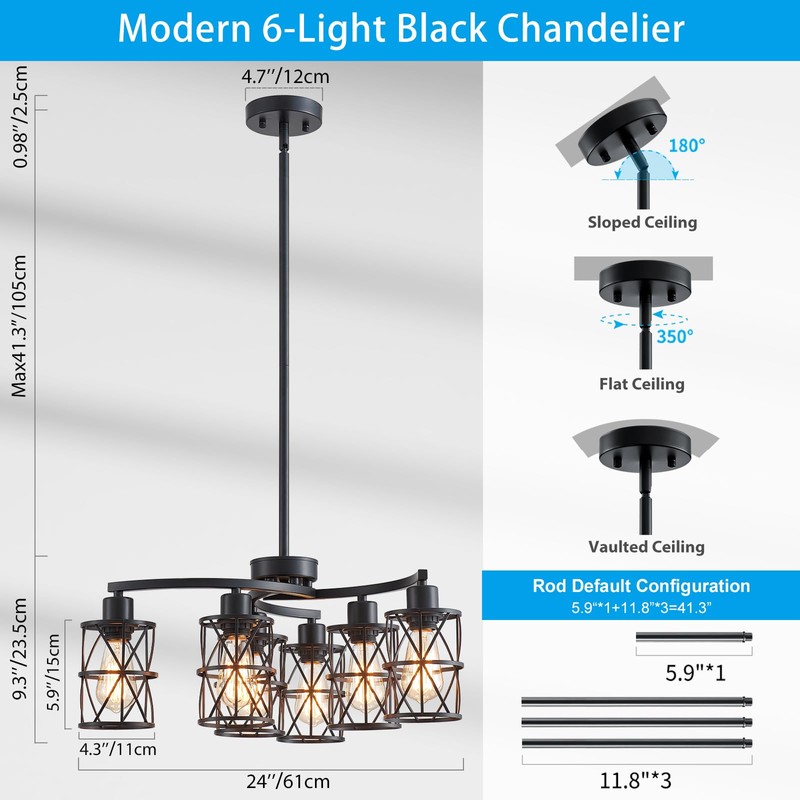 XINGQI Modern Black Chandelier 6-Light Pendant Lighting Fixture with Metal
