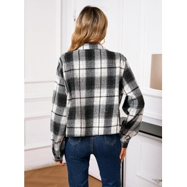 Shawnda Women's Casual Plaid Shacket Fashion Flannel Shirt Cropped Button Down Jacket Black White Small