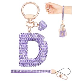 Purple Initial Keychain for Women Girls,Bling Letter D Key chain with Heart,Rhinestone Wristlet and Letter Keychain Charms for Backpack Handbag