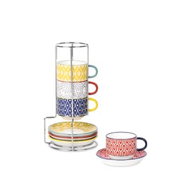 Selamica Ceramic Espresso Cups with Saucers and Metal Stand, 4 OZ Stackable Demitasse Cups for Latte Coffee Café Mocha Tea, Set of 4, Assorted Colors