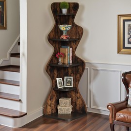 Osparple Corner Bookshelf Freestanding 5 Tier Display Shelf Industrial Corner Shelf Stand with Unique Sea Grass Design for Bedroom, Home Office, and Living Room, Rustic Brown