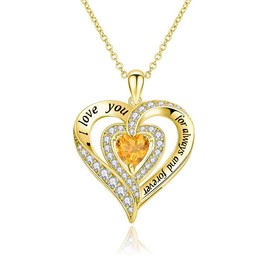 RANDES November Birthstone Necklace 925 Sterling Silver Yellow Citrine Crystal Necklaces for Women Big Double Heart Shaped Necklace