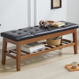 MILCIL Upholstered Shoe Bench Entryway Bench for Bedroom, End of Bed, Ottoman Bench Tufted Padded Seat with Solid Wood Shelf for Living Room, Faux Leather Black