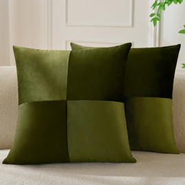 Geometric Patchwork Velvet Throw Pillow Covers 18x18 Inch, Set of 2, Soft Premium Textured Decorative Pillow Cases for Couch Sofa Living Room, Boho Modern,Fall Home Decor Olive Green
