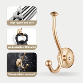 Ruiziiz Champagne Bronze Wall Hooks Hardware, 4 Pack Wall Mounted Coat Hooks Robe Towel Hooks, Decorative Hanger Hooks with Screws for Coats, Towels, Robes, Keys, Bags, Hats, Cups (4 Pack-Gold)