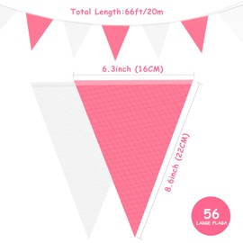 Premium Reusable Waterproof Bunting Banner - 66ft 56pcs Triangle Flags Pennant Bunting Pink White Pennant Banner for Birthday Outdoor Garden Party Decorations