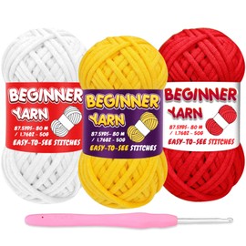 3 Pack Beginners Crochet Yarn, Yellow Red White Cotton Yarn for Crocheting Knitting Beginners, Easy-to-See Stitches, Chunky Thick Bulky Cotton Soft Yarn for Crocheting (3x50g)