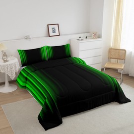 Feelyou Geometric Abstract Ombre Bedding Bed Set Men Adults Teens Green and Black Striped Comforter Set Kids Boys Girls Simple Modern Comforter Inner Fill Bedroom Collection 2Pcs Twin Size
