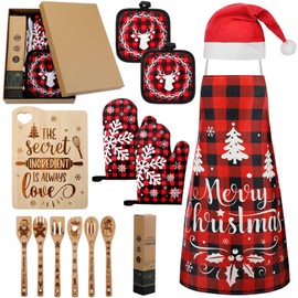 Panitay 14 Pcs Christmas Kitchen Gifts Set for Women Kitchen Utensil Set Including Bamboo Cutting Boards with Spoons Set Apron Oven Mitt Potholder Santa Hat for Christmas Birthday Housewarming Gifts