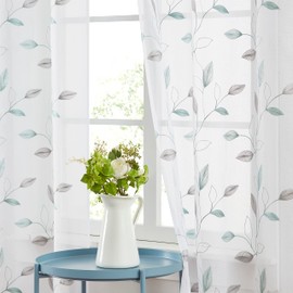 Bujasso Gray and Teal Leaf Sheer Curtains 84 inch Embroidered Floral Farmhouse Light Filtering Window Panels Silver Metallic Botanical Sheer Drapes for Living Room Bedroom Grommet Top 38" Wx84 Lx2