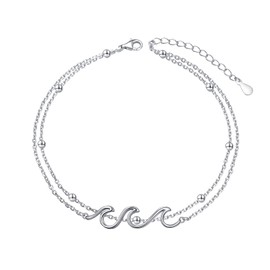 Wave Anklet for Women S925 Sterling Silver Adjustable Starfish Layered Ocean Beach Sea Ankle Foot Bracelet, 8 inch, Sterling Silver, Cubic Zirconia