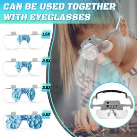 HQGZQL Magnifying Glasses with Lights,Rechargeable Hands Free Headband Magnifying Glasses for Close Work with 5 LEDs, 5X 3.5X 2.5X 1.5X Professional Jeweler's Loupe Lighted Magnifier (Grey)