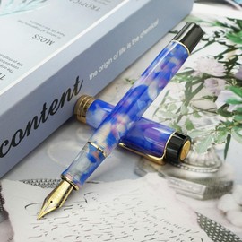 Jinhao 100 Classic Fountain Pen Bentonib, Blue Purple Celluloid Brush Feeling Fine to Bold Pen Case Set