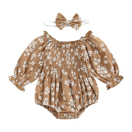 Aiwpstoin Infant Baby Girl Floral Romper Outfit Cotton Linen Smocked Bodysuit Long Sleeve Boho Clothes with Headband(Brown,6-12 Months)