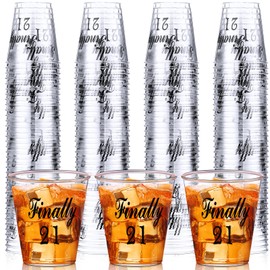 Roshtia 100 Pcs 21st Birthday Shot Glass Finally 21 Plastic Shot Glass Disposable Shot Glasses 2 oz Sample Cups Clear Plastic Shot Cups for Him or Her Celebrate Twenty One 21st Birthday Party Supplies