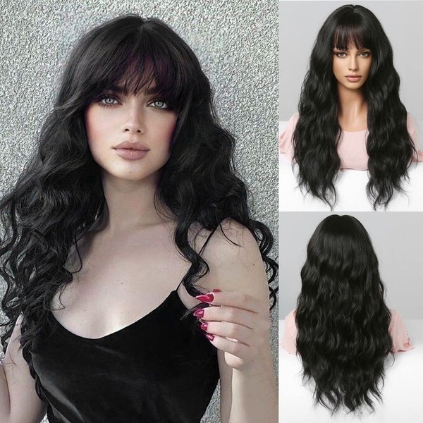 HAIRCUBE Long Black Wigs for Women, Synthetic Wavy Hair Wig with Neat Fringe for Daily