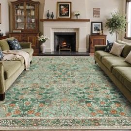 MUJOO Green Washable Rugs 8x10,Floral Area Rug for Living Room Dining Room Bedroom,Large Throw Carpet,Boho Non Slip Indoor Floor Big Soft Botanical Vintage Ultra-Thin