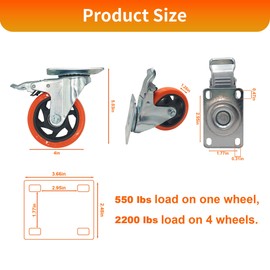 Htudcoue 8 Pcs 4 Inch Heavy Duty Casters,with Brake and Swivel Locking,4 casters Load Capacity 2200 lbs, for Furniture, Workbenches, Carts, Etc.