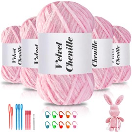 Maxee 500 g (5 x 100 g) Velvet Baby Wool, Velvet Chenille Yarn with Crochet Tools, Cuddly Soft Velvet Chenille Yarn, Fluffy, Soft Plush Wool, Crochet Yarn Wool for Knitting and Crocheting, Light Pink