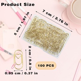 100 Pack Love Heart Shaped Paper Clips, Mini Paperclips Papers, 0.8inch Small Paper Clips for Office School Home Desk Organizers (Gold)