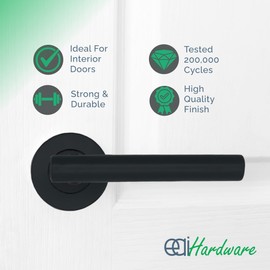 EAI Round Internal Door Handle Set - Matt Black | Latch (66mm), Handle, & Hinges (76mm) | Universal Dark Door Handle | Office, Bedroom, Kitchen, Lounge & Closet Lever on Rose | Interior Handles