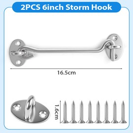vsshe 6 Inch Stainless Steel Storm Hook with Eyelet, Pack of 2 Storm Hooks, Stainless Steel Cabin Hooks, Gate Hook Lock with 8 Screws, Latch Door Storm Hook for Garage Door, Window, Barn Door (Light
