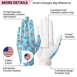 FINGER TEN Golf Gloves Women Pair with Ball Markers Soft Leather Both Hand All Weather Grip Non Slip Breathable Glove for Ladies Girls Size XSS M L XL (Blue, Small)