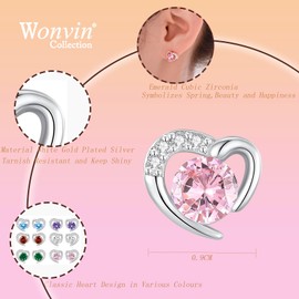 Heart Earrings for Women Girls 925 Silver Studs with Cubic Zirconia (Pink)