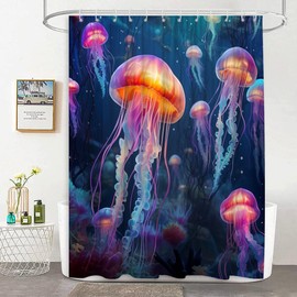 JEJOMEAG Jellyfish Shower Curtain Ocean Animal Marine Life Underwater Fantasy Colorful Jellyfish Fabric Bathroom Decor Curtain with Hooks, 70Wx70H