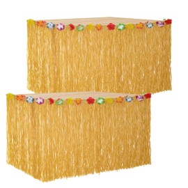 HSHHOOM Hawaii Table Skirts, Luau Gras Table Skirt, Natural, Hawaiian Party Decoration with Multicoloured Flowers, for Parties, Holidays and Outdoor Gatherings, Gold (ZQ-2)