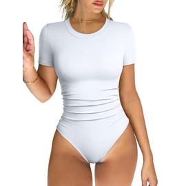 OQQ Women's Crew Neck Short Sleeve Bodysuit Ruched Stretch Vacation Basic for Tops Spring & Summer White