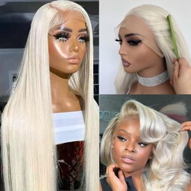 Glueless Platinum Blonde Wigs Human Hair Pre Plucked 13x6 Lace Front Wigs Human Hair, 18 Inch Straight Lace Frontal Human Hair Wigs for Black Women, 180% Density Platinum Blonde Lace Front Wigs