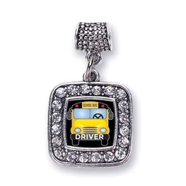 Inspired Silver - School Bus - Silver Memory Charm for Women - Square Charm Jewelry Gift with Cubic Zirconia - Women's Charm for Bracelets
