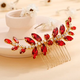 Teyglen Dainty Red Rhinestones Bride Wedding Hair Comb Shiny Crystal Bridal Side Hair Combs Gold Headpieces Hair Accessories for Women Bride Girls (Red)