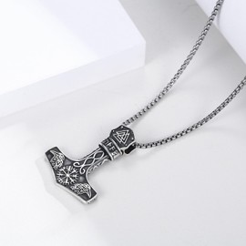 Twoowl Mjolnir Necklace 925 Sterling Silver Viking Vegvisir Necklace Thor Hammer Necklace Raven Necklace Norse Runes Amulet Jewelry Gifts for Women Men
