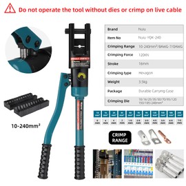 Nuiu YQK-240 Hydraulic Crimping Tool 12T, Wire Crimper for Battery Cable Terminals 16-240mm²(6 AWG to 7/0 AWG)with 10PCS Hex Dies,16mm Stroke, 180°Swivel Head - Professional Electrician Crimper(Blue)