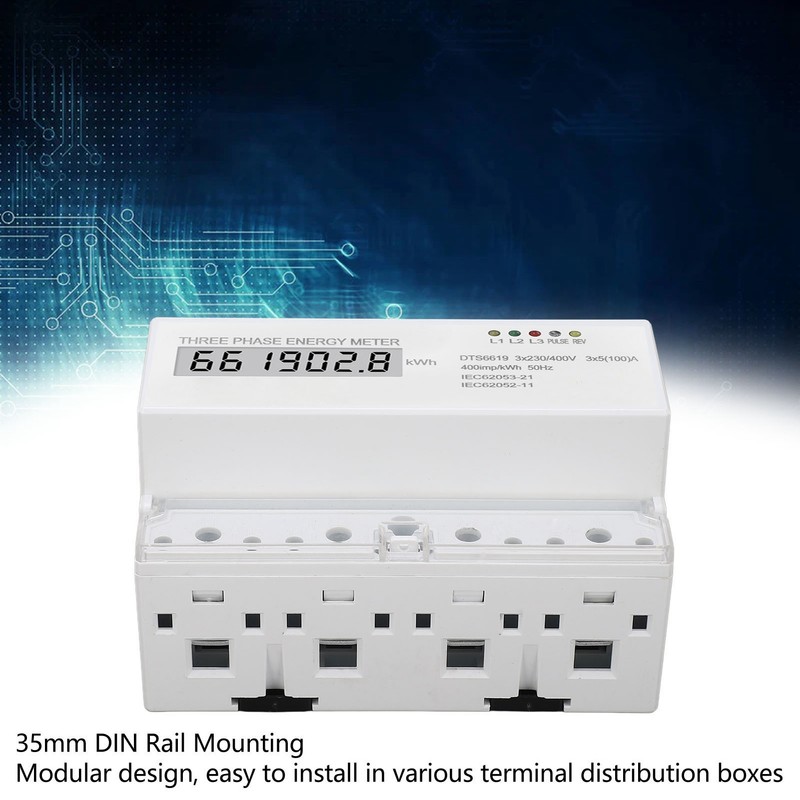 3 Phase Energy Meter DIN Rail Mount Electricity Usage Monitor