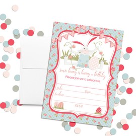 Bunny Birthday Party Invitations for Girls, 20 5x7 Fill In Cards with Flowers and an adorable rabbit including Twenty White Envelopes by AmandaCreation. Great for birthdays around Easter!