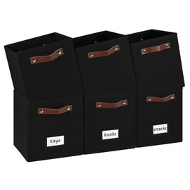 FinishingBo 6-Pack Collapsible Fabric Storage Cubes with Handles & Label Holders, Closet Cube Home Organizer Bins (Black, 10.5*10.5*11 inch)
