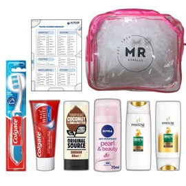 Mr Bundles - Travel Toiletries Set for Women Complete Mini Travel Toiletries, Hospital Miniature Toiletries, Holiday Minis Toiletries, Travel PVC Clear Bag & a Checklist